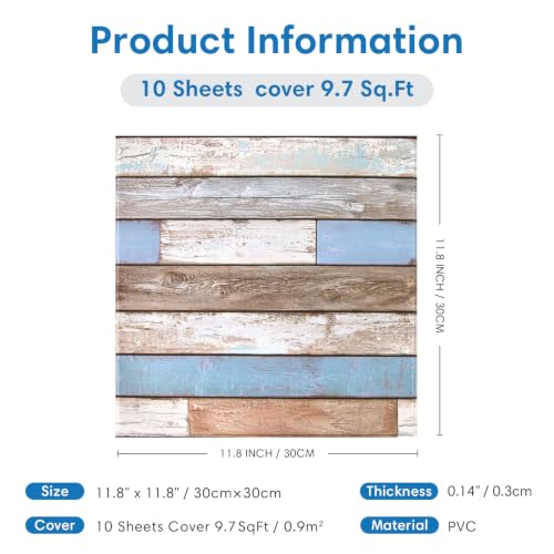 COMSTICKC 3D Peel and Stick Faux Wood Wall Sticker, 10 Pcs 11.8" x 11.8" - color: Blue/Brown