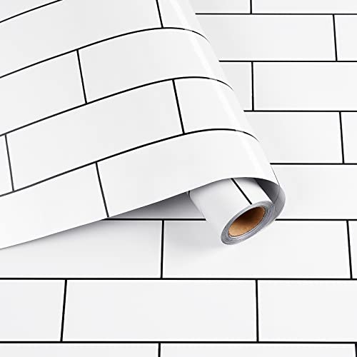 Black White Brick Wallpaper Removable Subway Tile Wallpaper Peel and Stick White Subway Contact Paper Waterproof Subway Wall Paper Roll for Backsplash Shower Wall Table Top Covers 17.7"x317" - size: 17.7" x 317"