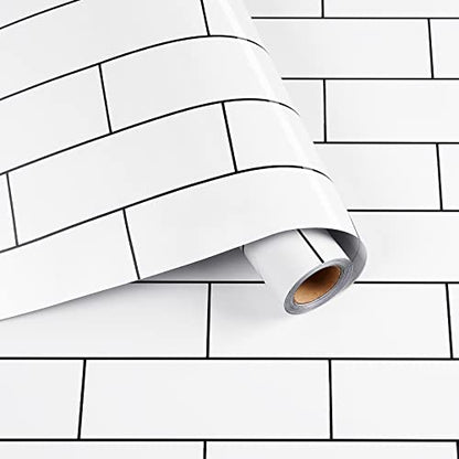 Black White Brick Wallpaper Removable Subway Tile Wallpaper Peel and Stick White Subway Contact Paper Waterproof Subway Wall Paper Roll for Backsplash Shower Wall Table Top Covers 17.7"x317" - size: 17.7" x 317"