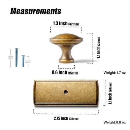 6Pack Antique Brass Cabinet Knob with Backplate Round Drawer Knob - color: Antique Brass, style: Escutcheon