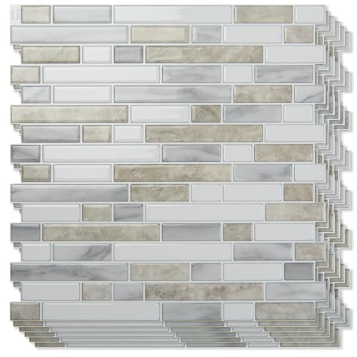 Art3d Linear Design Tile Peel and Stick Backsplash, 10-Sheet, Beige & White - color: Beige & White, size: 12 x 12 Inch