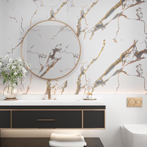VEELIKE 15.7''x118'' Luxurious White Gold Marble Contact Paper for Countertops Waterproof Peel and Stick Matte Marble Wallpaper Granite Paper for Kitchen Countertop Vinyl for Bathroom Walls Table - size: 15.7" x 118"