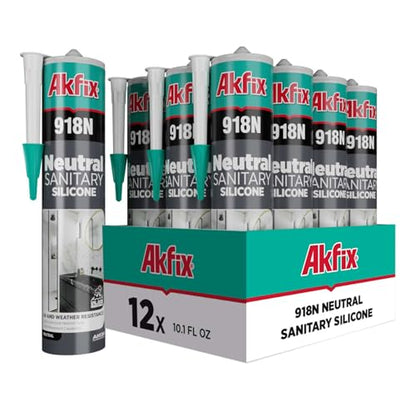Akfix 918N Black 100% Silicone Caulk for Kitchen and Bathroom (12x10.5 fl.oz.) - Solvent-Free, Low Odor, UV & Water Resistant, Fast Curing, Paintable, High Elasticity Silicone Sealant | Black, 12 Pack - size: 12 Pack, style: Kitchen&Bath Silicone-Black