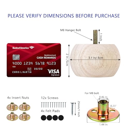 Maricome 2 Inch Bun Feet for Furniture Unfinished Solid Hardwood Round Ottoman/Couch/Sofa Legs Set of 4 M8 Bolt Predrilled - color: Unfinished