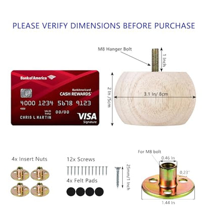 Maricome 2 Inch Bun Feet for Furniture Unfinished Solid Hardwood Round Ottoman/Couch/Sofa Legs Set of 4 M8 Bolt Predrilled - color: Unfinished