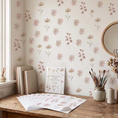 84PCS Watercolor Floral Wall Decals, Waterproof PET Stickers for Bedroom