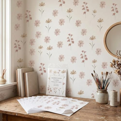 84PCS Watercolor Floral Wall Decals, Waterproof PET Stickers for Bedroom