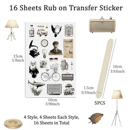 WANDIC 16 Sheets Rub On Transfer Stickers Set, 4 Styles Retro Vintage Mixed Pattern Self Adhesive Stickers Decals for Scrapbook Journal - style: Vintage Theme