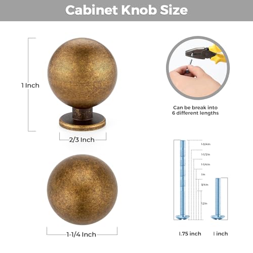Antique Brass Cabinet Knobs 12 Pack Round Ball Drawers Knobs, 1" Diameter - color: Antique Brass