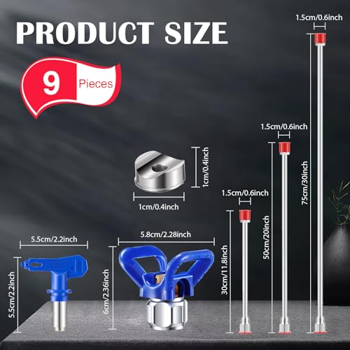 9 Pcs Airless Paint Sprayer Tips Reversible Spray Tip Airless Paint Sprayer Nozzle and Spray Gun Tip Extension with Red Guard Pole Rod and Tips (109,213,315,413,621) - size: 109, 213, 315, 413, 621