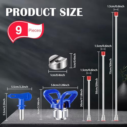 9 Pcs Airless Paint Sprayer Tips Reversible Spray Tip Airless Paint Sprayer Nozzle and Spray Gun Tip Extension with Red Guard Pole Rod and Tips (109,213,315,413,621) - size: 109, 213, 315, 413, 621