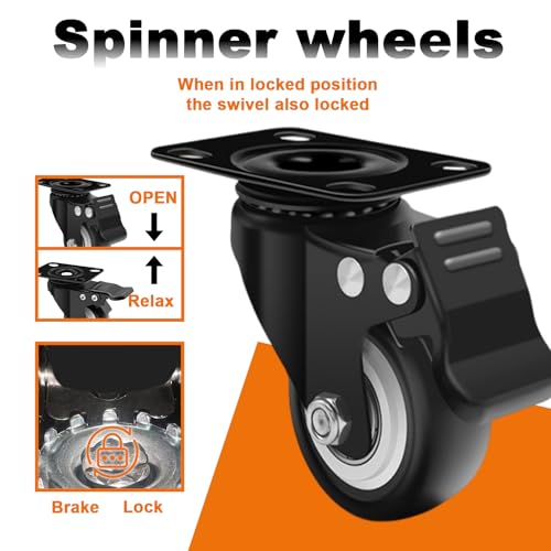 2 Inch Caster Wheel Set of 4,with Dual Brake,Swivel,Full Rotation - color: black, size: 2 inches