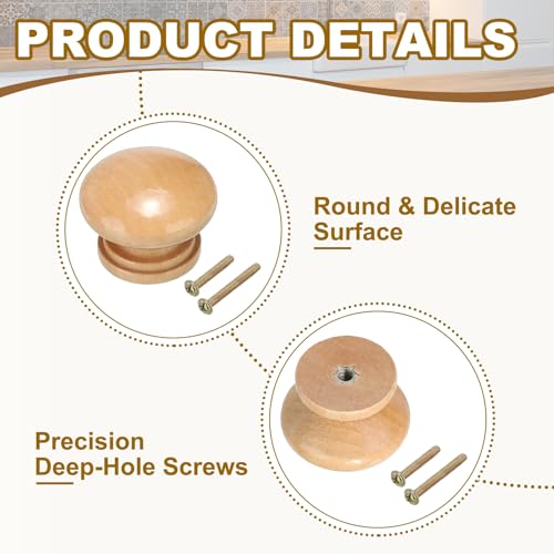 PATIKIL 1-3/8 Inch Round Wood Cabinet Knobs, 10 Pcs x Knob, 10 Pcs x Screw, Wood Color, Wood Material, 1-3/8 inch x 0.98 inch - color: Wood Color