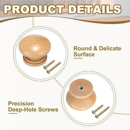 PATIKIL 1-3/8 Inch Round Wood Cabinet Knobs, 10 Pcs x Knob, 10 Pcs x Screw, Wood Color, Wood Material, 1-3/8 inch x 0.98 inch - color: Wood Color