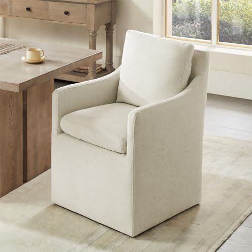 KISLOT Upholstered Dining Chairs with Casters, No Assembly Modern Accent Armchair with Rollers for Dining Room, Bedroom, Living Room, Reading Room, Already Assembled, Beige, 1 Box - color: Beige, size: Set of 1 (1 BOX)