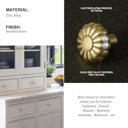 12 Pack Elegant Golden Floral Brushed Brass Cabinet Knobs, Bloom Drawer Pulls for Kitchen, Dresser Cabinet Hardware for Bedroom, 1-1/4 Inches Diameter Handles - color: Brushed Brass