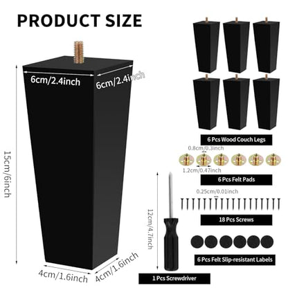 12 Set Furniture Legs with Installation Hardware 6 Inch Black Square Replacement Couch Legs Solid Wood Sofa Furniture Feet for Mid Century Armchair Bed Dresser Cabinet