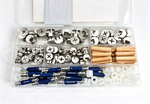 120Pcs Cam Locks for Furniture Assortment Kit, 3 in 1 Eccentric Hardware Wheels,Wood Dowel Pins, Furniture Cam Lock Fasteners Connectors with Multi-Size Nuts,Bolts and Wood Dowel Pins for Repairing