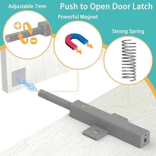 Push to Open Cabinet Hardware, Jiayi Strong Spring Magnetic Push Door Latches, Heavy Duty Push Close Drawer Opener, Pop Out Release Touch Latch for Hidden Barn Kitchen Large Drawer Catch(Gray, 2 Pack) - size: 2 Pack
