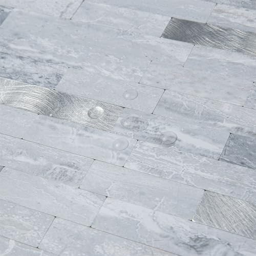 AULIGET 20 Sheets Faux Stone Peel and Stick Backsplash, Light Grey Marble Look PVC Mixed Metal Wall Tiles Stick on Backsplash for Kitchen - color: Light Grey + Metal Silver, size: 20 Sheets, 6"x12"x0.12"