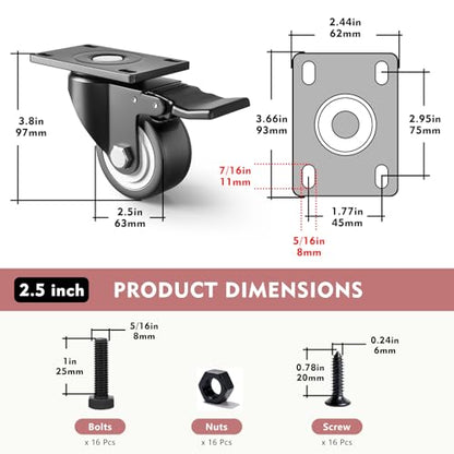 Caster Wheels, 2.5 Inch Heavy Duty Casters Set of 4 with Brakes, Load 1000lbs Industrial Swivel Plate Black Locking Castors, Roller Wheels for Furniture and Workbench Cabinet Table - style: 2.5″ With brake