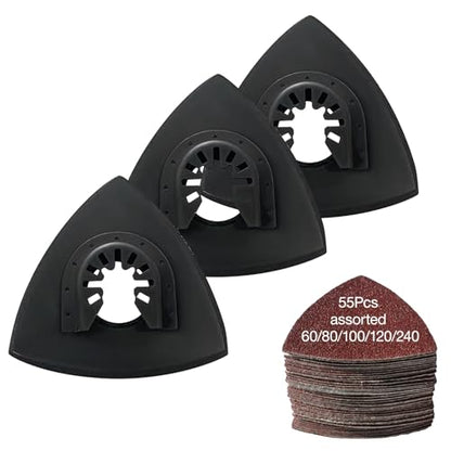 Oscillating Tool Sanding Pad kit 58pcs, 3-Piece 3-1/8 in Triangle Sanding Pad with 55pcs Sandpaper for Surface Sanding,Mechanical Maintenance Cleaning, polishing, deburring - style: 58PCS SANDING PADS KITS