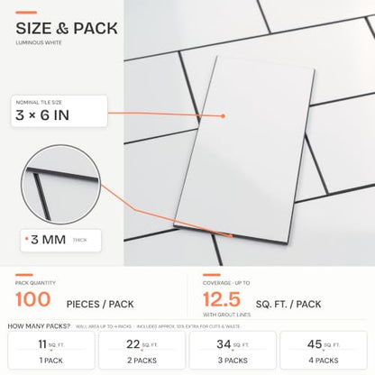 StyloVue 100 Pieces Peel and Stick Backsplash for Kitchen, 3" x 6" PVC Subway Tile, Glossy White with Dark Gray Grout, Self Adhesive Stick on Wall Tiles for Kitchen, Bathroom, Fireplace, RV - color: Glossy White