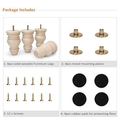 5 Inch Wood Furniture Legs Set of 4 Round Bun Feet Unfinished Replacement - size: 5inch