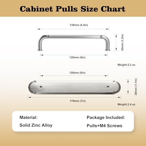 Goo-Ki 2 Pack Brushed Satin Nickel Bar Cabinet Pulls with Backplate, 5 Inch Hole Center Kitchen Drawer Handles with Spacer Zinc Alloy Solid Hardwar - color: Brushed Satin Nickel, size: 5" Hole Center