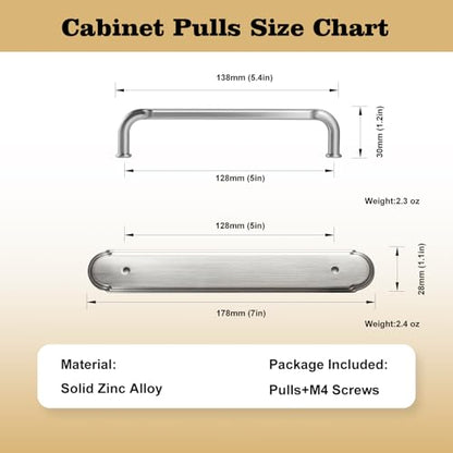 Goo-Ki 2 Pack Brushed Satin Nickel Bar Cabinet Pulls with Backplate, 5 Inch Hole Center Kitchen Drawer Handles with Spacer Zinc Alloy Solid Hardwar - color: Brushed Satin Nickel, size: 5" Hole Center