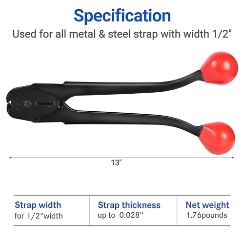 Sealer&Crimper Tool Double Notched Front Action - 1/2" Metal Banding Strapping with High Strength Sealing Action & Ergonomic Design & Harden Steel for Heavy Duty High Tensile Pallet Packing - size: for 1/2" steel strapping