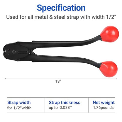 Sealer&Crimper Tool Double Notched Front Action - 1/2" Metal Banding Strapping with High Strength Sealing Action & Ergonomic Design & Harden Steel for Heavy Duty High Tensile Pallet Packing - size: for 1/2" steel strapping