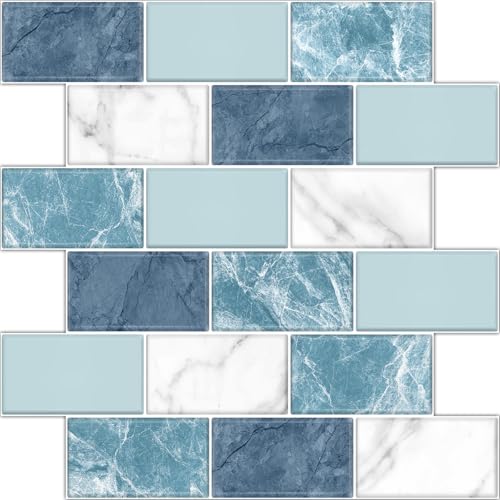 10 Sheets Peel and Stick Backsplash for Kitchen 12"X12" Renter Friendly Backsplash Back Splash Adhesive Subway Wall for Bathroom Deep Ocean Blue Marble Mixed Tile Sticker（Not 3D Tile