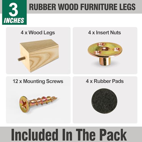 FoDau770 Square Furniture Legs 3 Inch, Ash Wood Legs with 5/16"-18 Bolts - size: 3 Inch