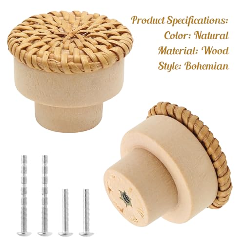12 Pack 1-1/2" Rattan Boho Cabinet Knobs with Screws - color: Natural Color - 12 Pack