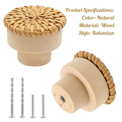 12 Pack 1-1/2" Rattan Boho Cabinet Knobs with Screws - color: Natural Color - 12 Pack