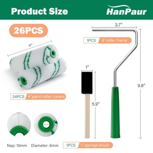4 Inch Microfiber Paint Roller Kit, 24 Piece, 3/8" Nap - size: 4 Inch Microfiber Paint Roller Kit, 26 Pack
