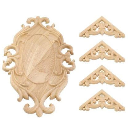 Antrader 10.24x5.51in Wood Carved Onlay Applique with 4Pcs Cornered Decals - style: Style 3 with Cornered Decals