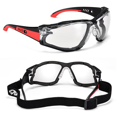 SAFEYEAR Safety Glasses Anti Fog Scratch Resistant ANSI Z87.1 CE Protective Eyewear with Foam Gasket Adjustable Strap - color: Black & Red