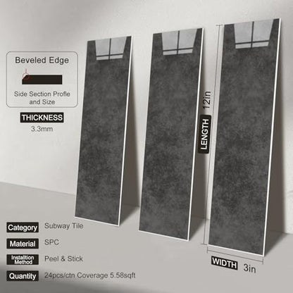 24-Pieces Peel and Stick Tiles for Kitchen Backsplash, New Upgrade Design 12" x 3"SPC Subway Backsplash Tiles, Marble Black Premium Finger Tiles (Dark Grey). - color: Drake Grey, size: 24-sheet