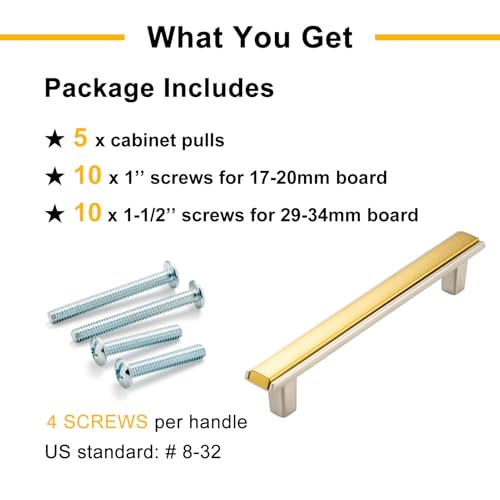Gold and Nickel Cabinet Pulls Drawer Handles 5 Inch 5 Pack 2281 - color: Gold & Brushed Nickel, size: 5 In Hole Distance, style: 5 Pack