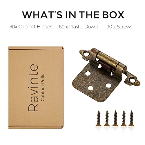 Ravinte Antique Bronze Cabinet Hinges, 1/2 Inch Overlay, 30 Pack (15 Pairs) - color: Antique Brass