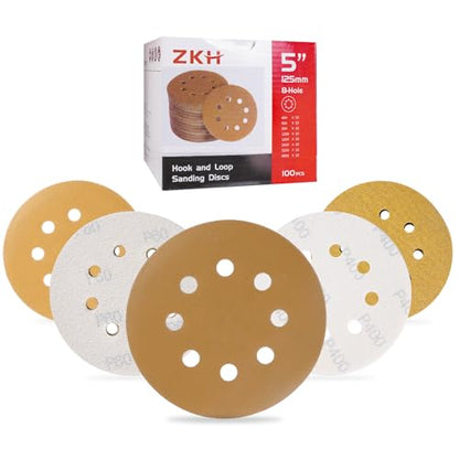 ZKH 100 PCS 5 Inch Sanding Discs, 8 Hole Hook and Loop Sanding Discs 60/80/120/180/240/320/400 Assorted Grits Sandpaper for Random Orbital Sander, Golden