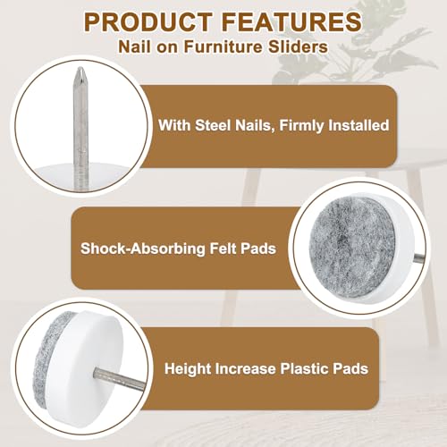 uxcell Nail-on Furniture Sliders, 24Pcs Nail-on Felt Pads Round Chair Table Feet Pads Chair Leg Floor Protectors for Hardwood Floors (White, 15mm/0.59") - size: 15mm/0.59"