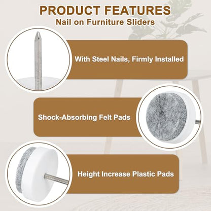 uxcell Nail-on Furniture Sliders, 24Pcs Nail-on Felt Pads Round Chair Table Feet Pads Chair Leg Floor Protectors for Hardwood Floors (White, 20mm/0.79") - size: 20mm/0.79"