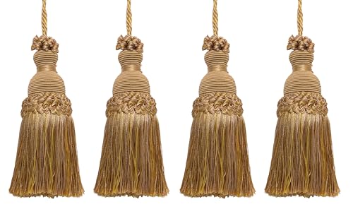 DÉCOPRO Beautiful Hand-Crafted 5" (12.5cm) Key Tassel, 3 1/2" (8.5cm) Loop # IKTJ, Rustic Gold #4975 (Light, Beige, Yellow Gold) Set of 4 - color: Rustic Gold #4975 (Light, Beige, Yellow Gold), size: Set of 4