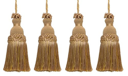 DÉCOPRO Beautiful Hand-Crafted 5" (12.5cm) Key Tassel, 3 1/2" (8.5cm) Loop # IKTJ, Rustic Gold #4975 (Light, Beige, Yellow Gold) Set of 4 - color: Rustic Gold #4975 (Light, Beige, Yellow Gold), size: Set of 4