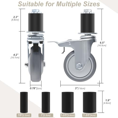 ERKOON 3 Inch Prep Table Caster Wheels Set, 4 Heavy Duty Expanding Stem Casters Fit 7/8", 1", 1-1/2", 1-5/8" Tube Leg with Brake for Stainless Steel Table, Cart, Furniture Legs, Kitchen Workbench - color: 3inch