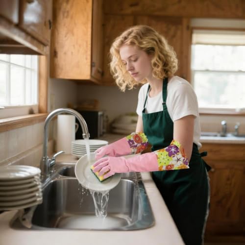 Bamllum 16-Inch Latex-Free Cleaning Gloves, Cotton Flocked Liner, Large - color: Yellow+pink, size: Large