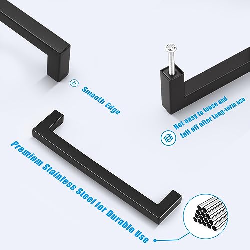 KNOBWELL 20 Pack| 6-3/10 inch Black Cabinet Pulls, 160mm Kitchen Cabinet Handles Stainless Steel Square Pulls for Cupboard Dresser Drawer Closet Wardrobe Vanity - color: Matte Black, size: Hole Center:6-3/10 inch(160mm)